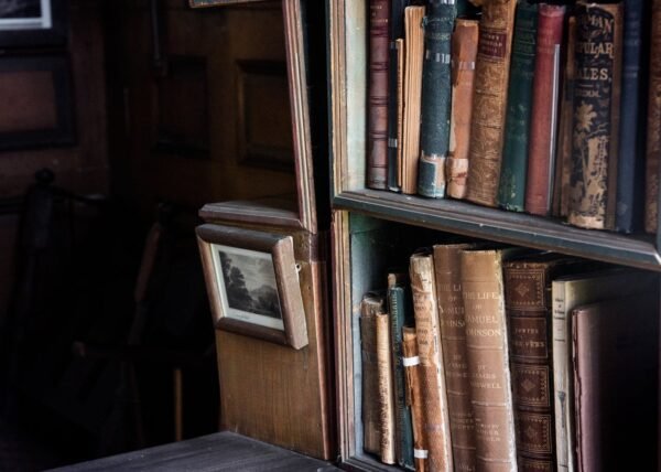 An antique bookshelf filled with classic literature in a rustic library setting.